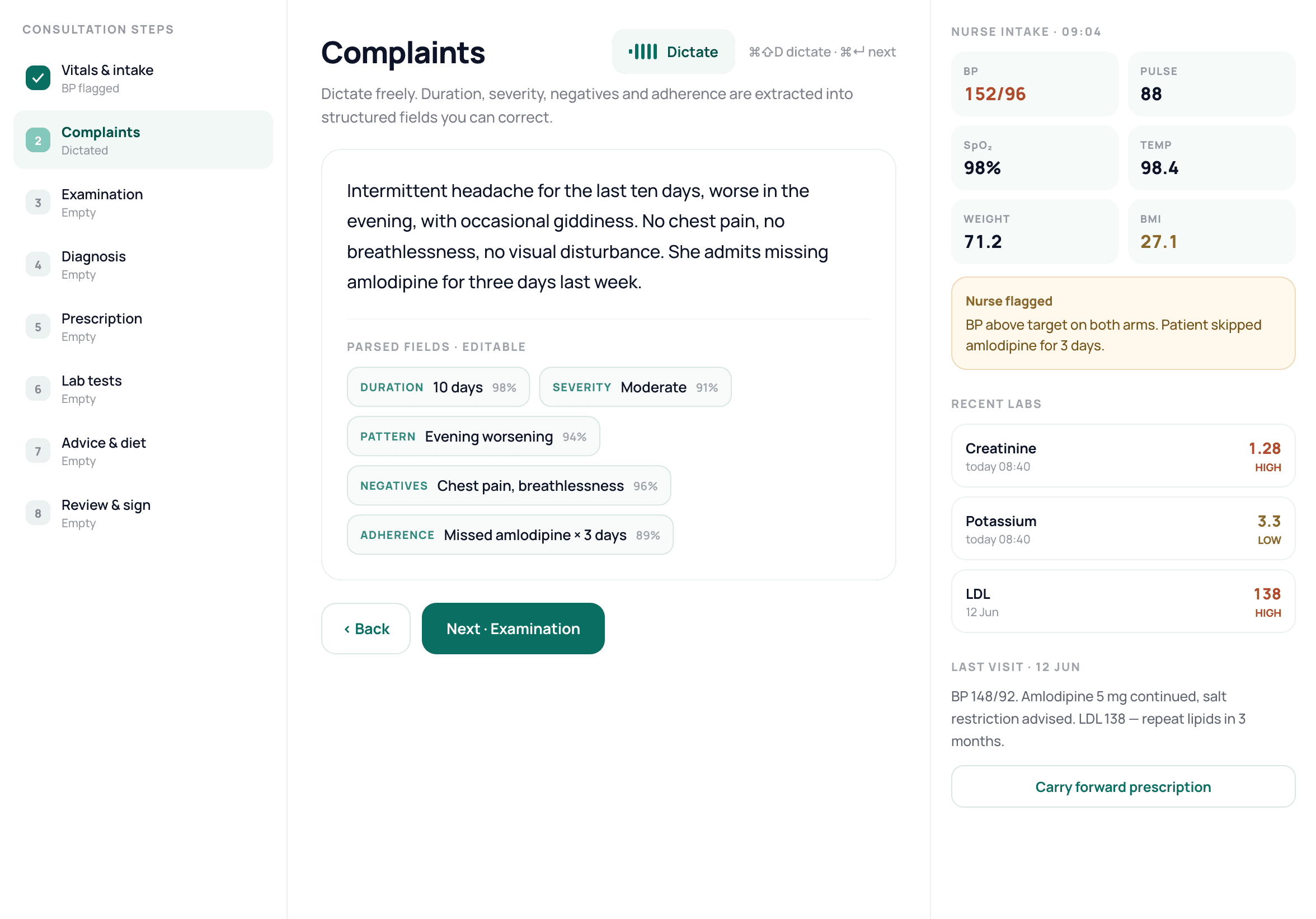 Rappel Health consultation screen, mid-dictation, with parsed fields and confidence scores